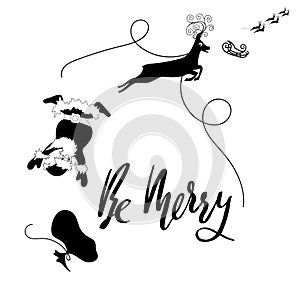 Santa Claus fall from sleigh with harness on the reindeer. Black and white vector illustration. Be merry.