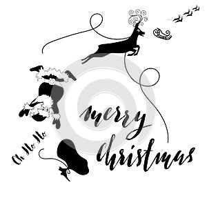 Santa Claus fall from sleigh with harness on the reindeer. Black and white vector illustration. Chtistmas lettering