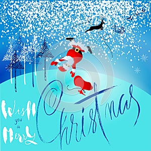 Santa Claus fall from sleigh with harness on the reindeer. Vector illustration. Chtistmas lettering. EPS10