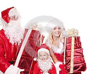 Santa claus family with child holding gift box..