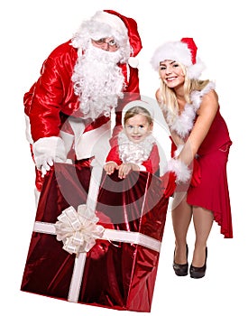 Santa claus family with child holding gift box..