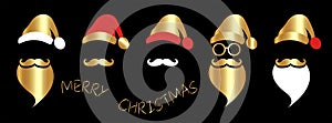 Santa Claus fashion hipster style set icons. Gold texture, Santa hats, moustache and beards, glasses. Christmas elements isolated