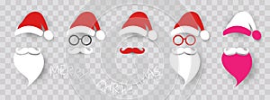 Santa Claus fashion hipster style set icons. Santa hats, moustache and beards, glasses. Christmas elements for your festive design