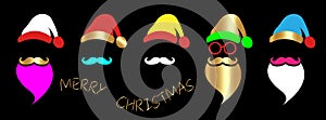 Santa Claus fashion hipster style set icons. Santa hats, moustache and beards, glasses. Colorful and gold Christmas elements sign