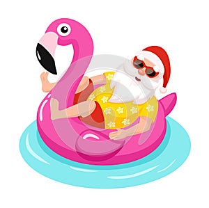 Santa Claus with flamingo inflatable ring.Tropical Christmas. Vector illustration.