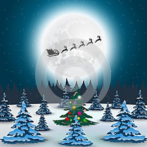 Santa claus flies with gifts on a sleigh in a reindeer sled for christmas and new year. Vector illustration for the