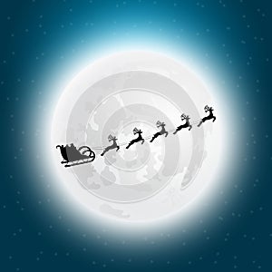 Santa claus flies with gifts on a sleigh in a reindeer sled for christmas and new year. Vector illustration for the