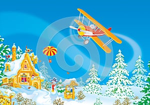 Santa Claus flies in his airplane
