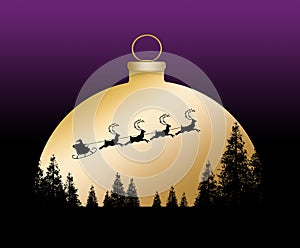 Santa Claus flies over a pine forest with a sunset behind that is shaped like a golden Christmas ornament