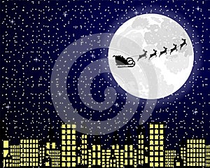 Santa Claus flies reindeer in harness over night city
