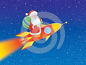 Santa Claus flies on a rocket