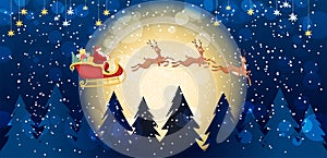 Santa Claus flies in a sleigh with reindeers across the night snowy sky with the moon against the backdrop of a winter