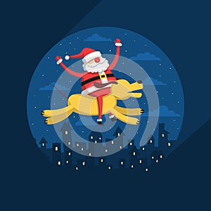 Santa Claus flies on a yellow dog