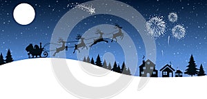 Santa Claus flyin on Christmas sleigh over the houses and gives gifts, delivers gifts in the night, Christmas card â€“ vector