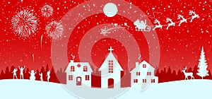 Santa Claus flyin on Christmas sleigh over the housses in the night on red background Ã¢â¬â vector