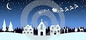 Santa Claus flyin on Christmas sleigh over the housses in the night - vector