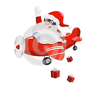 santa claus flying in airplain with giftboxes, vector clipart, hand drawn christmas illustration
