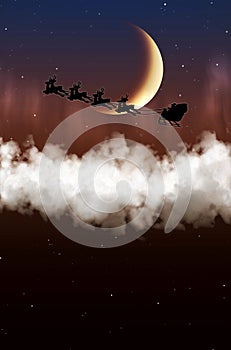 Santa Claus is flying on a background of the moon