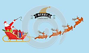 Santa Claus is flying with giftboxes and reindeers on sleigh. Vector illustration.