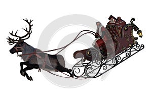 Santa Claus flying in his sleigh with a reindeer and a sack of Christmas presents. Isolated 3D illustration