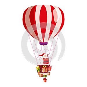 Santa Claus flying on hot air balloon Merry Christmas and Happy New Year. Gift boxes in basket of air balloon flying