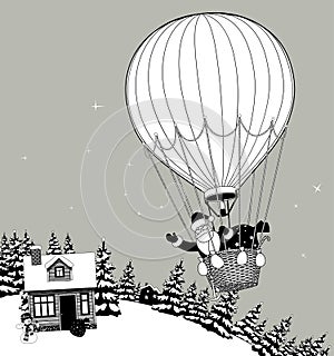 Santa Claus is flying in a hot air balloon over the winter forest and houses