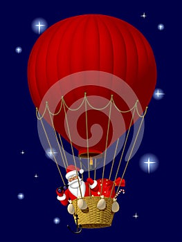 Santa Claus flying on a red hot air balloon