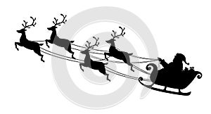 Santa Claus flying with reindeer sleigh. Black Silhouette. Symbol of Christmas and New Year isolated on white background. Vector