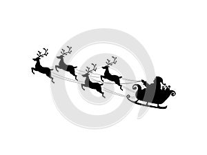 Santa Claus flying with reindeer sleigh Black Silhouette Symbol of Christmas