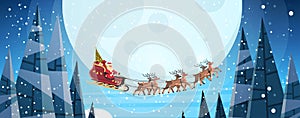 Santa claus flying in sledge with reindeers night sky over moon merry christmas happy new year horizontal winter