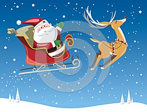 Santa Claus flying in sleigh on Christmas Eve