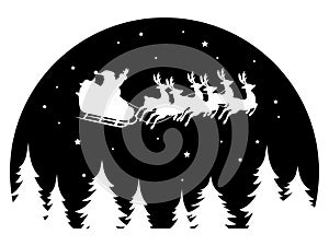 Santa Claus flying in a sleigh drawn by deer over the forest. Black and white vector illustration for Christmas.