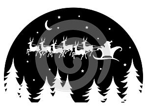 Santa Claus flying in a sleigh drawn by deer over the forest. Black and white vector illustration for Christmas. photo
