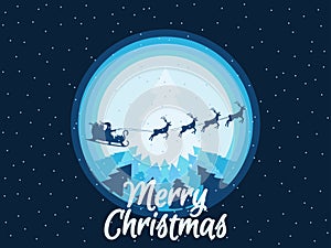 Santa Claus is flying in a sleigh with reindeer over the forest. Christmas background. Vector