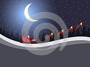 Santa Claus is flying in a sleigh with reindeer. Santa`s sleigh. Vector