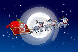 Santa Claus flying on a sleigh in a reindeer sleigh against the background of a bright round moon in the starry sky