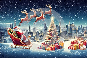 Santa Claus flying in sleigh with reindeers over city at night