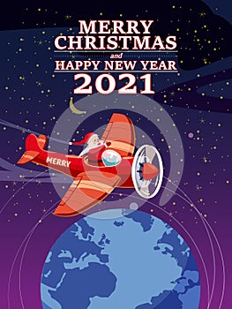 Santa Claus flying on vintage plane. Christmas poster, banner retro cartoon style illustration