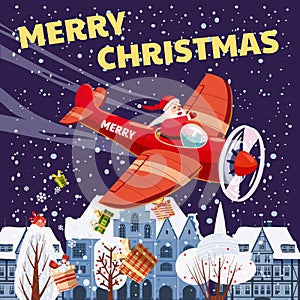 Santa Claus flying on vintage plane, delivering gift boxes, night city background. Christmas poster, banner retro
