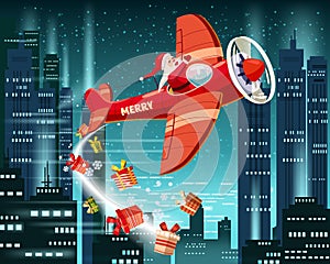 Santa Claus flying on vintage plane, delivering gift boxes, night city background. Christmas poster, banner retro