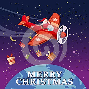 Santa Claus flying on vintage plane, delivering gift boxes in space above the Earth. Christmas poster, banner retro