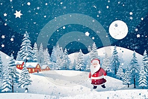 Santa Claus is in forest at night with stars and moon. Merry Christmas and Happy New Year holiday concept