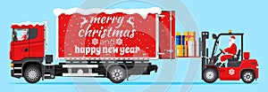 Santa Claus in Forklift with Gift Boxes and Truck