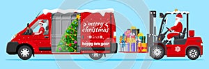 Santa Claus in Forklift with Gift Boxes and Van