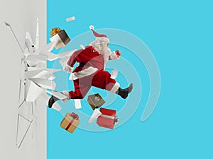 Santa claus full of gifts exits breaking a wall