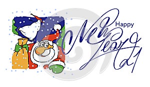 Santa Claus with a fun snowman. Text Happy New Year 2020. Christmas vector illustration for holiday invitations and greeting cards