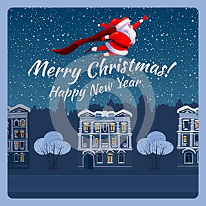 Santa Claus funny as Superhero wearing cape flying over the night old city, buildings, giving out gift boxes. Merry