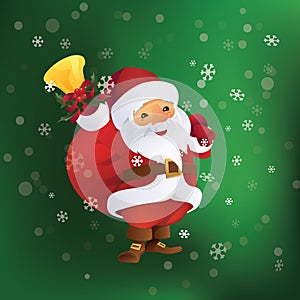 Santa Claus with gift bag and bell in hand.