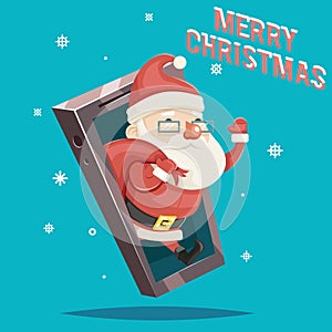 Santa Claus with Gift Bag Christmas New Year Greating Card Mobile Phone Cartoon Design Vector Illustration