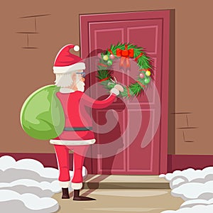 Santa Claus with Gift Bag Knock Christmas New Year Decoration Door Vintage Cartoon Vector Illustration